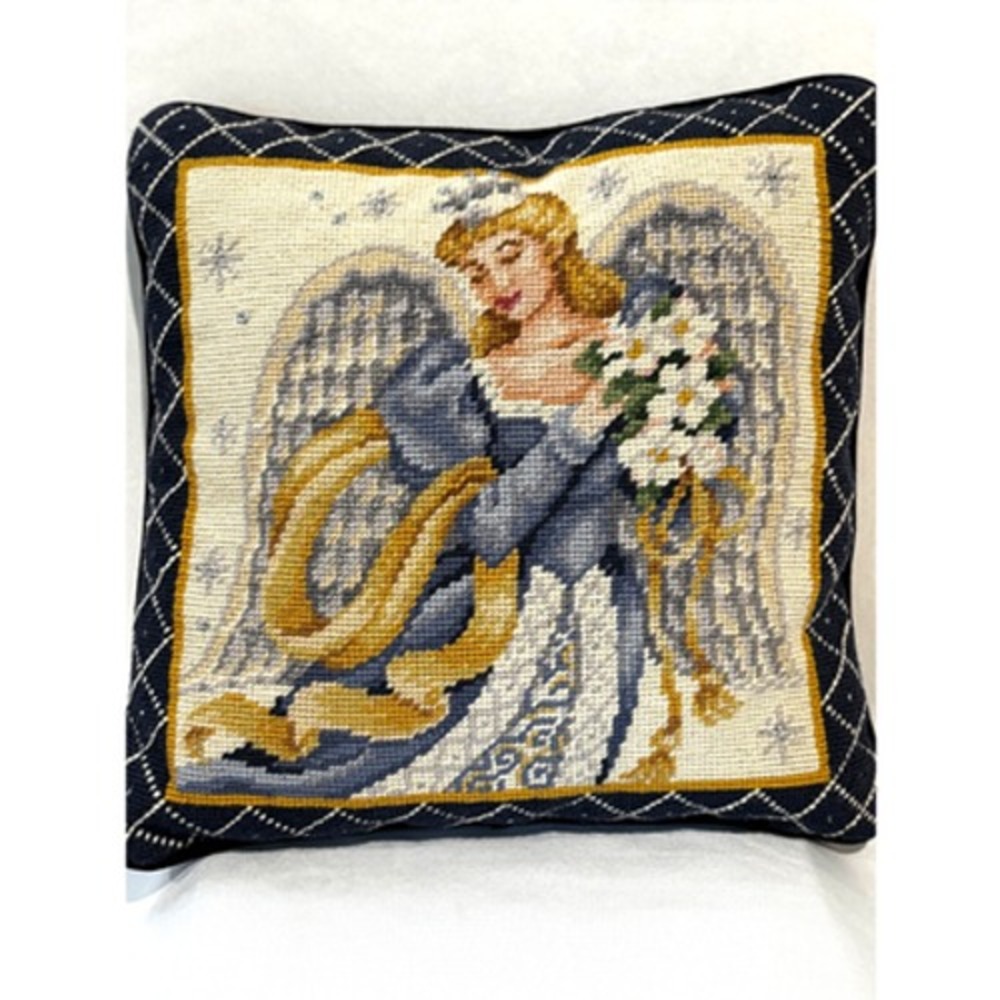 Vintage Angel Needlepoint Throw Pillow Navy Metallic Stars 13" Celestial heaven